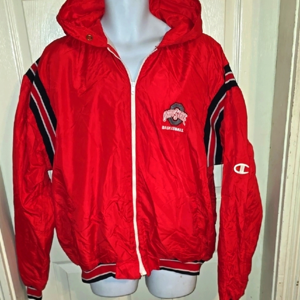 Vintage Champion Ohio State Buckeyes Hooded Windbreaker Warmup Jacket Mens Large